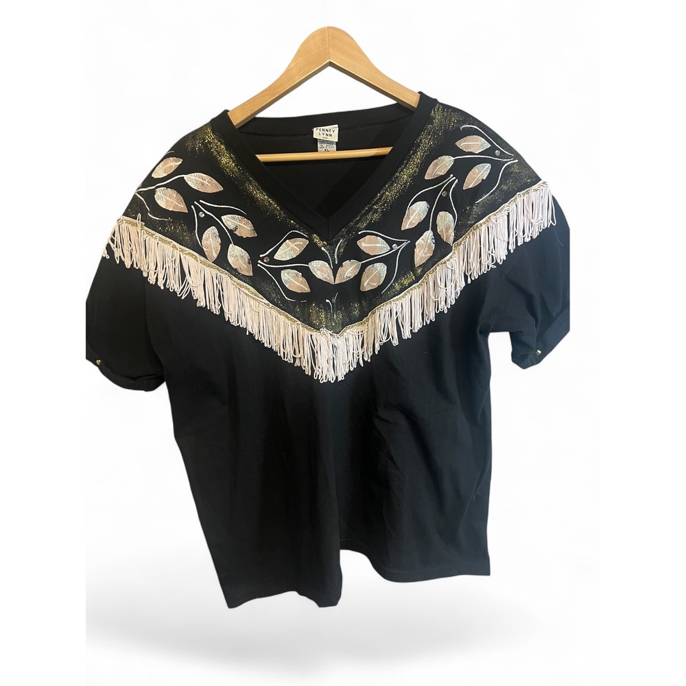 Penney Lynn Vintage Western Fringe T-Shirt Black Gold Leaf Rhinestone XL